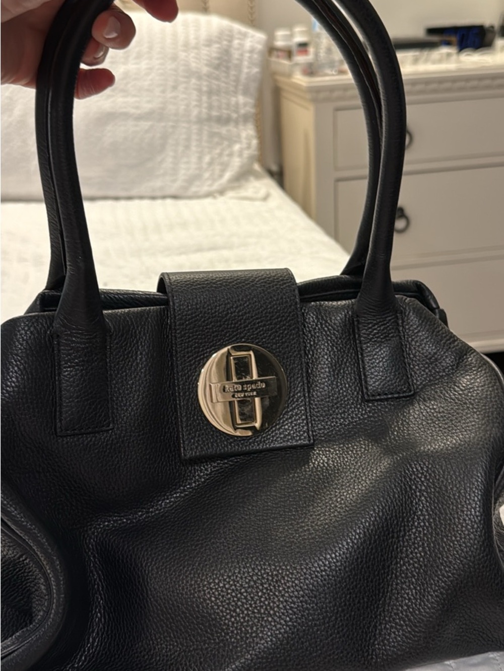 kate spade Black Pebbled Leather Satchel with Gold-Tone Turnlock